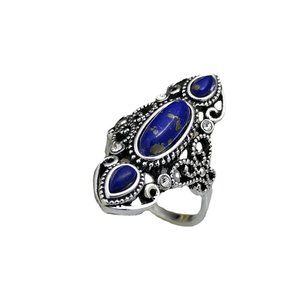 Lady’s Ring Bohemian Navy Blue Turquoise Hollow Carved Lapis Lazuli Ring Size 7